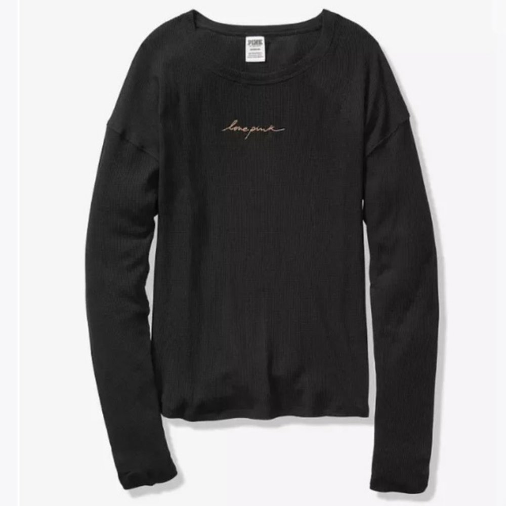 NWT VS Pink Black Waffle Crew Long Sleeve Tee M
